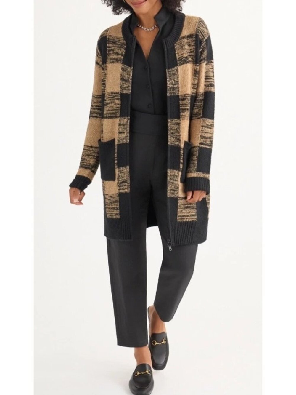 CABI Hot Toddy Cardigan Black and Tan Faux Fur Removable Collar Sz L #4814 NWOT - Picture 1 of 6